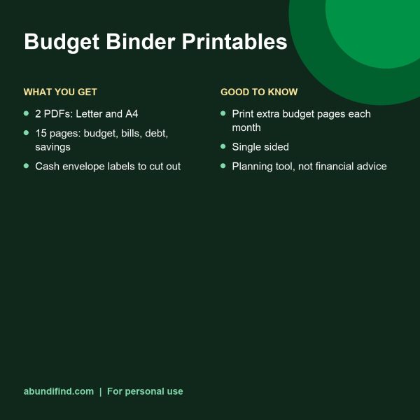 Budget binder printable pages (details)