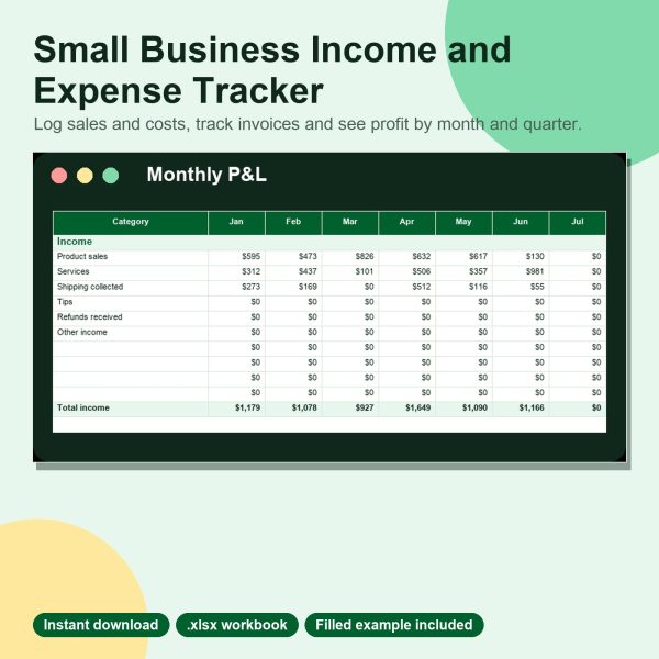 Small business tracker monthly profit and loss spreadsheet