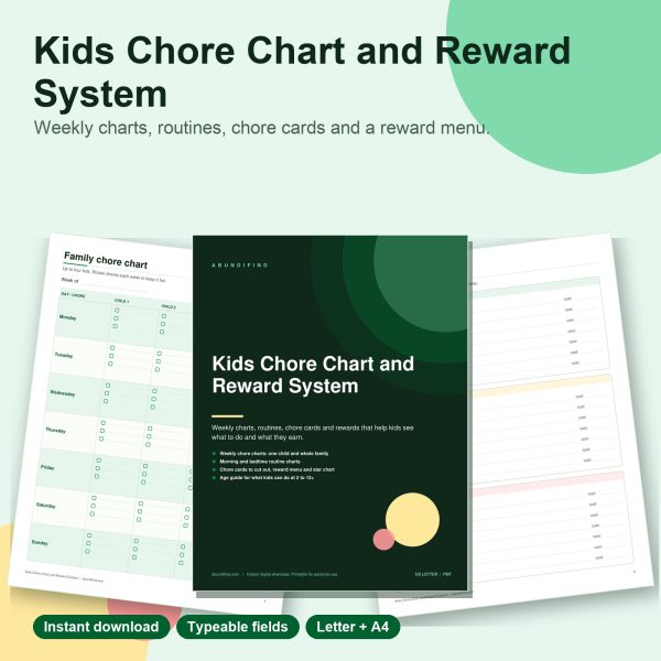 Kids chore chart and reward system printable pages