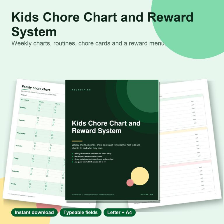 Kids chore chart and reward system printable pages