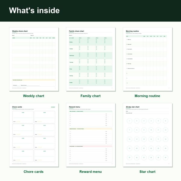 Kids chore chart and reward system printable pages (inside)