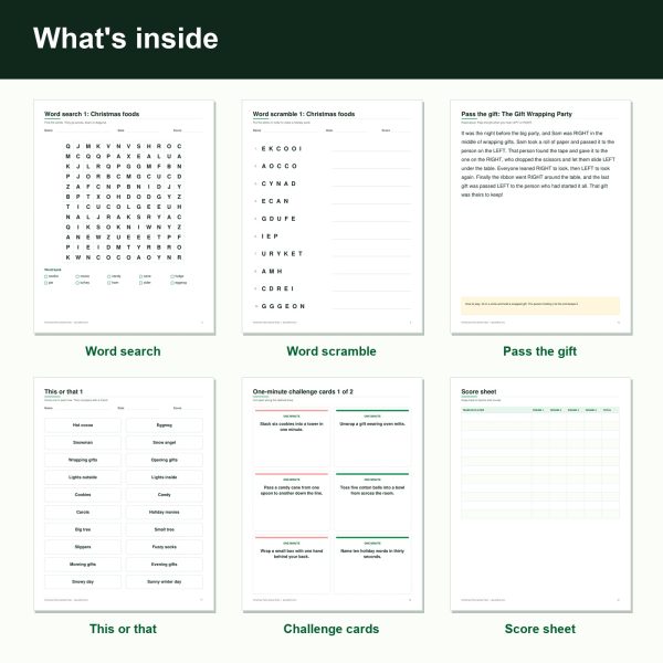 Christmas party games pack printable pages inside