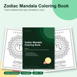 Zodiac mandala coloring book pages