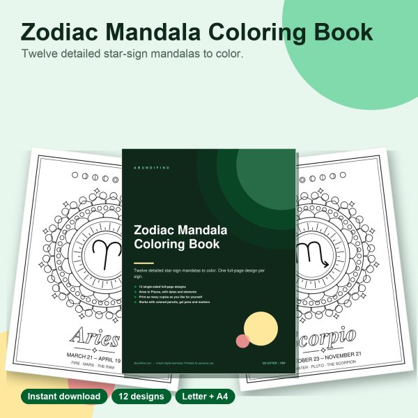 Zodiac mandala coloring book pages