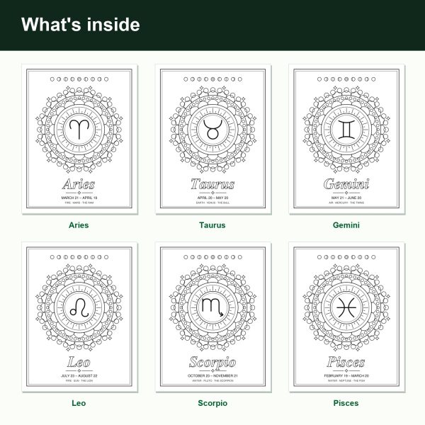 Zodiac mandala coloring book pages (inside)