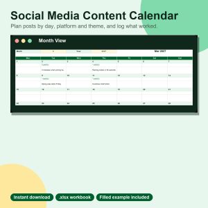 Social media content calendar spreadsheet month view