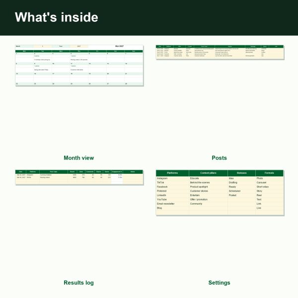 Social media content calendar spreadsheet month view (inside)