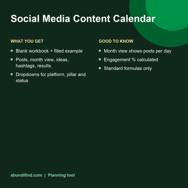 Social media content calendar spreadsheet month view (details)