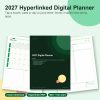2027 hyperlinked digital planner pages shown on a fan of tablet-shaped pages