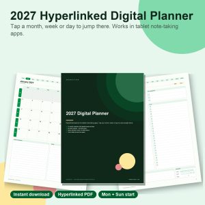 2027 hyperlinked digital planner pages shown on a fan of tablet-shaped pages