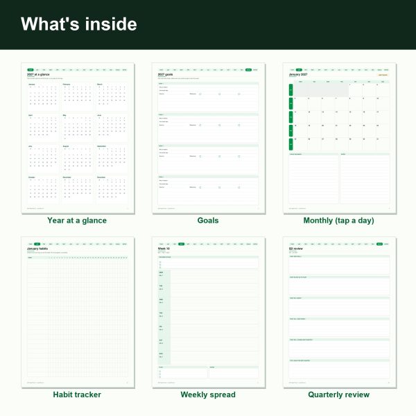 2027 hyperlinked digital planner pages shown on a fan of tablet-shaped pages (inside)