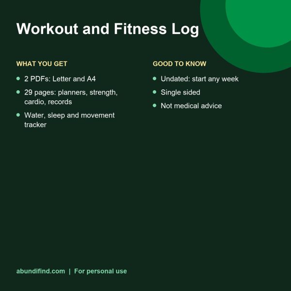 Workout and fitness log printable pages (details)