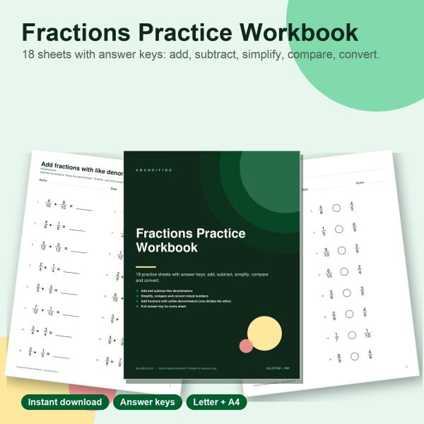 Fractions practice workbook printable sheets