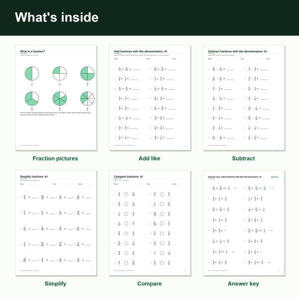 Fractions practice workbook printable sheets (inside)