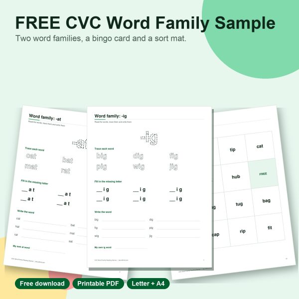 Free CVC word family sample printable