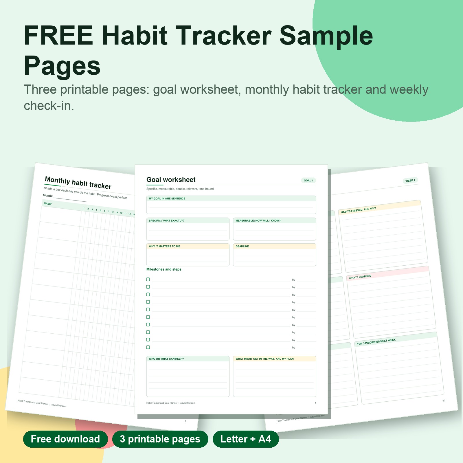 Free habit tracker sample pages printable