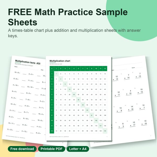 Free math practice sample sheets printable