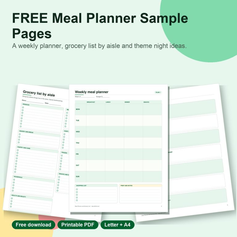 Free meal planner sample pages printable