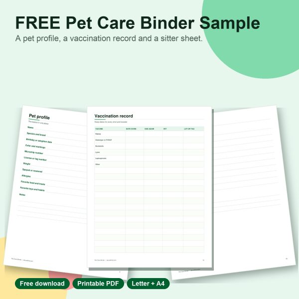 Free pet care binder sample printable