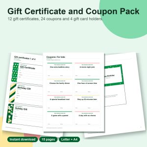 Printable gift certificate and coupon pack