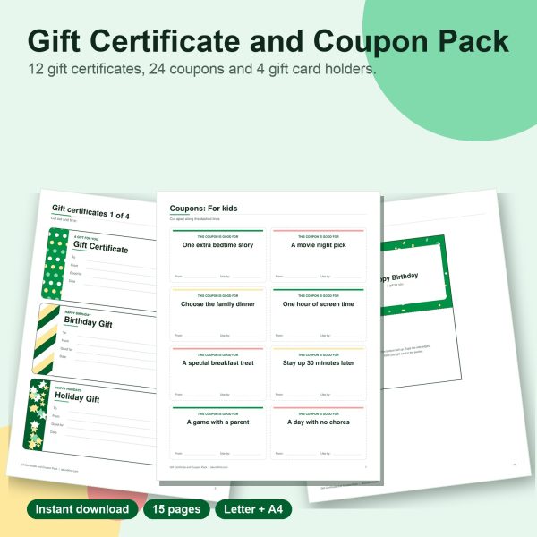Printable gift certificate and coupon pack