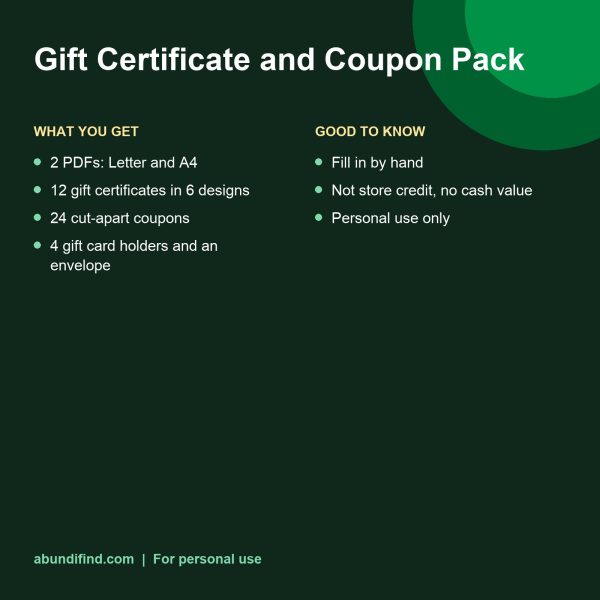 Printable gift certificate and coupon pack details
