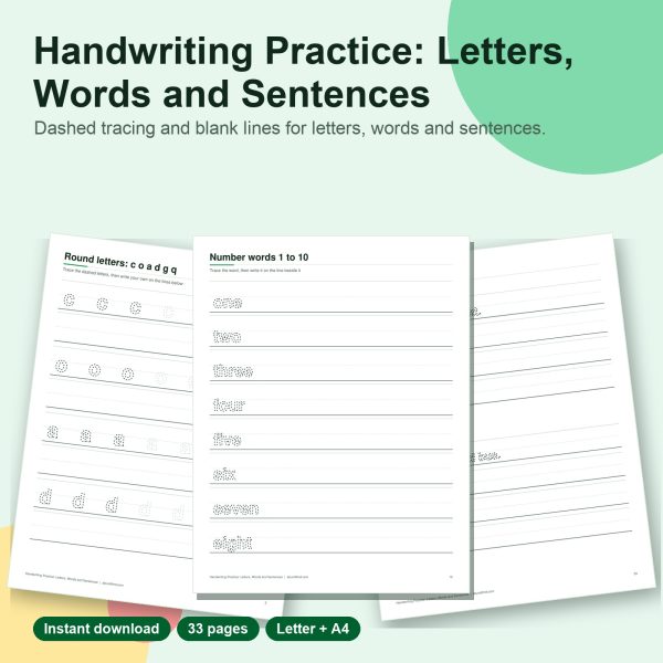 Handwriting practice letters words and sentences printable