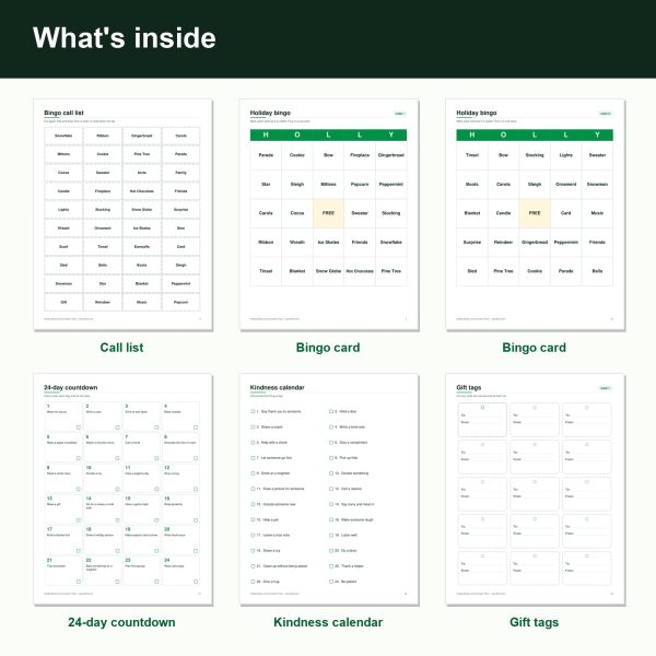 Holiday bingo and countdown pack printable pages (inside)