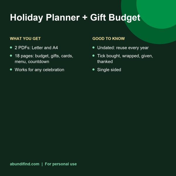 Holiday planner and gift budget printable pages (details)