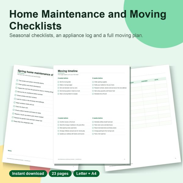 Home maintenance and moving checklists printable pages