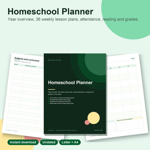 Homeschool planner pages: weekly lesson plan, subjects and attendance log