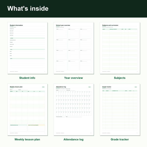Homeschool planner pages: weekly lesson plan, subjects and attendance log (inside)
