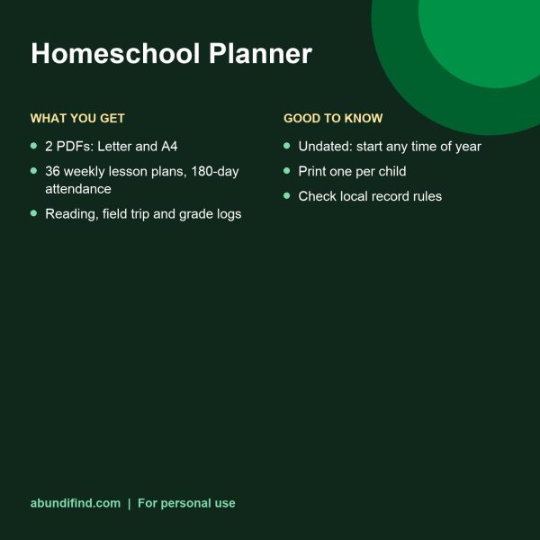 Homeschool planner pages: weekly lesson plan, subjects and attendance log (details)