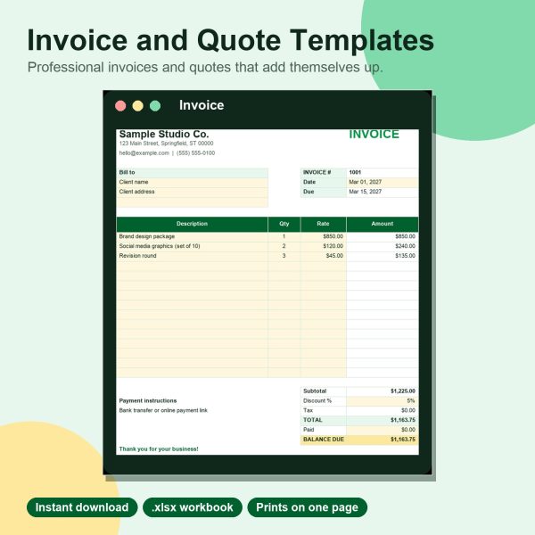 Invoice template spreadsheet with line items and totals