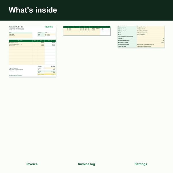 Invoice template spreadsheet with line items and totals (inside)