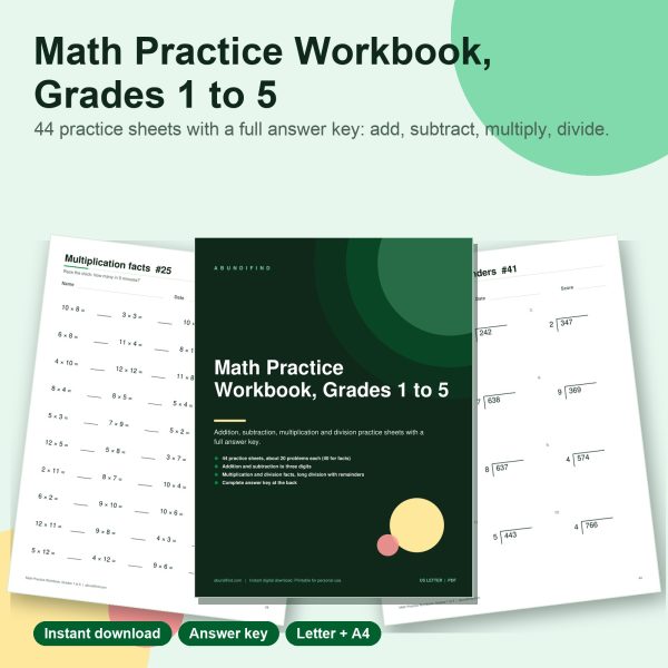 Math practice workbook printable sheets and answer key