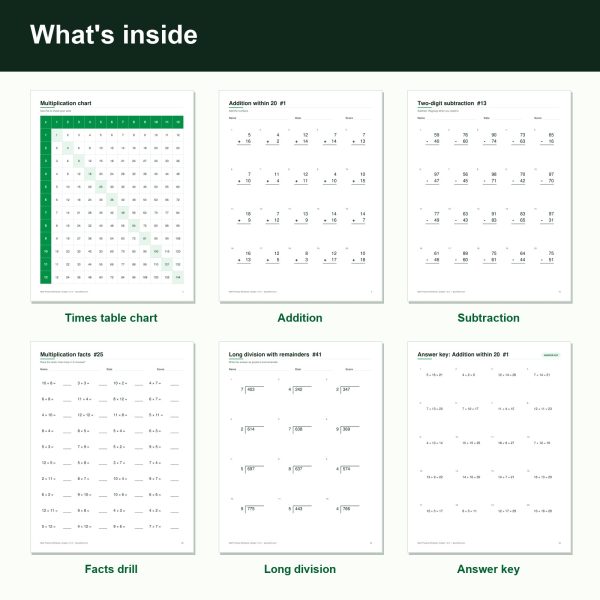 Math practice workbook printable sheets and answer key (inside)