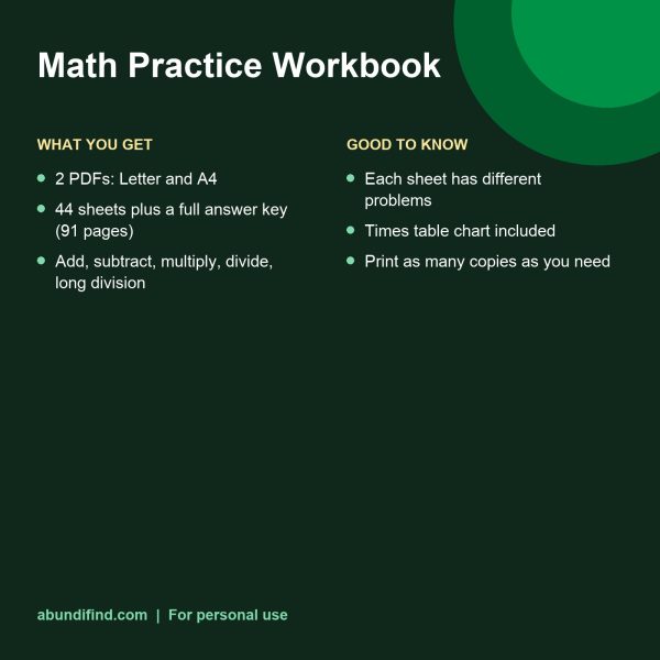 Math practice workbook printable sheets and answer key (details)