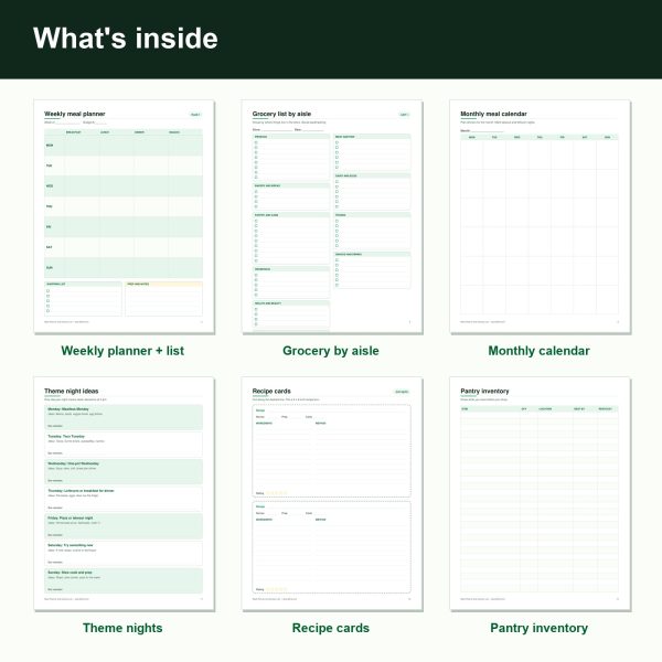 Meal planner and grocery list printable pages (inside)