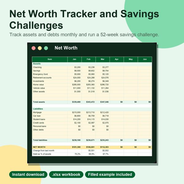 Net worth tracker and savings challenge spreadsheet