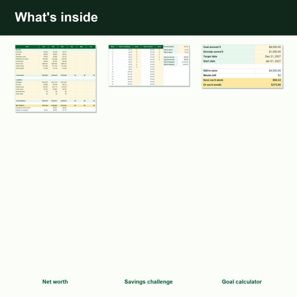 Net worth tracker and savings challenge spreadsheet (inside)