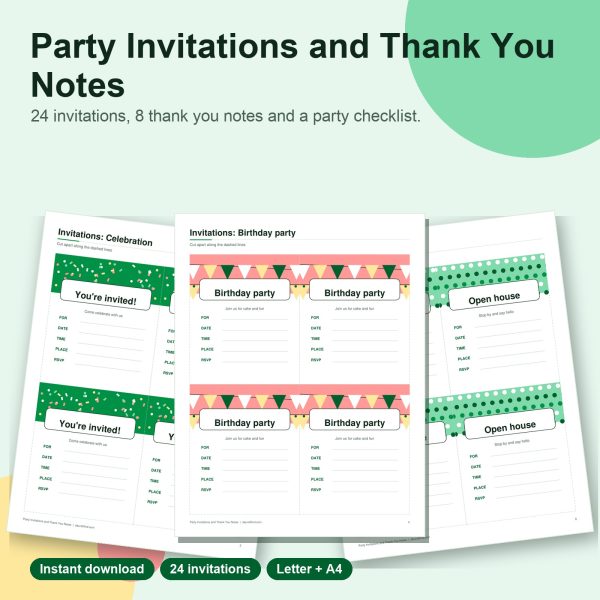 Printable party invitations and thank you notes