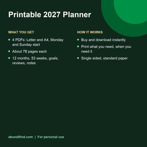 2027 printable planner monthly and weekly pages (details)