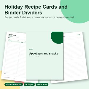 Holiday recipe cards and binder dividers printable