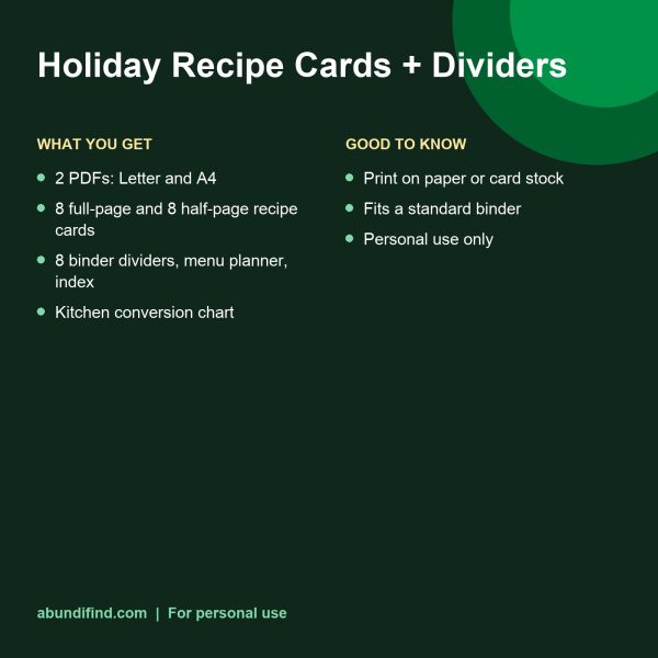 Holiday recipe cards and binder dividers printable details