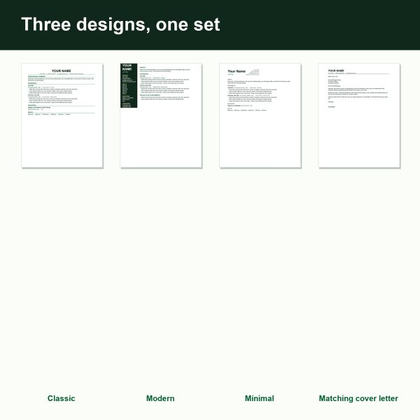 Three resume template designs: classic, modern and minimal (inside)