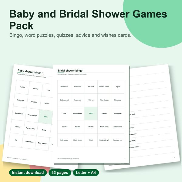 Baby and bridal shower games pack printable