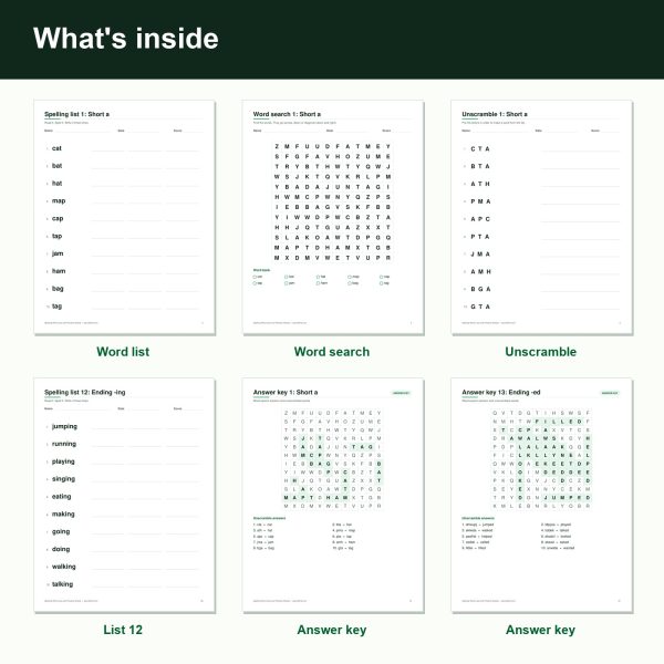 Spelling word lists and practice sheets printable pages (inside)