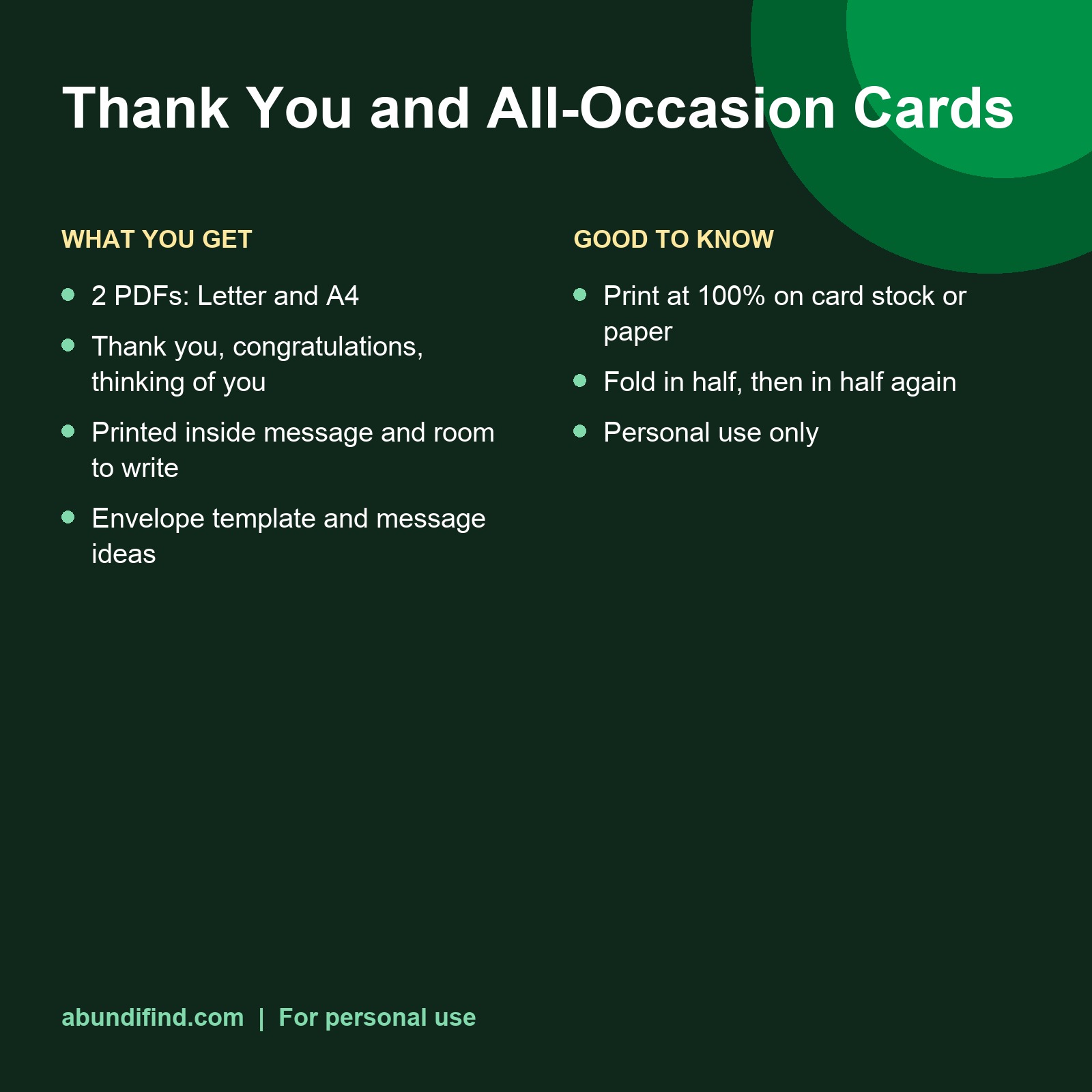 Printable thank you and all-occasion cards details