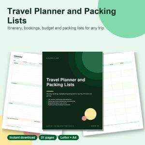Travel planner printable pages: itinerary, packing lists and budget
